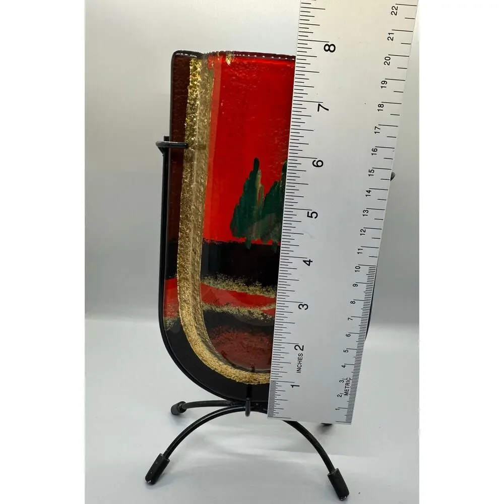 Vintage Jasmine Art Glass Vase in Metal Stand Black Gold Red Green Trees Vibrant